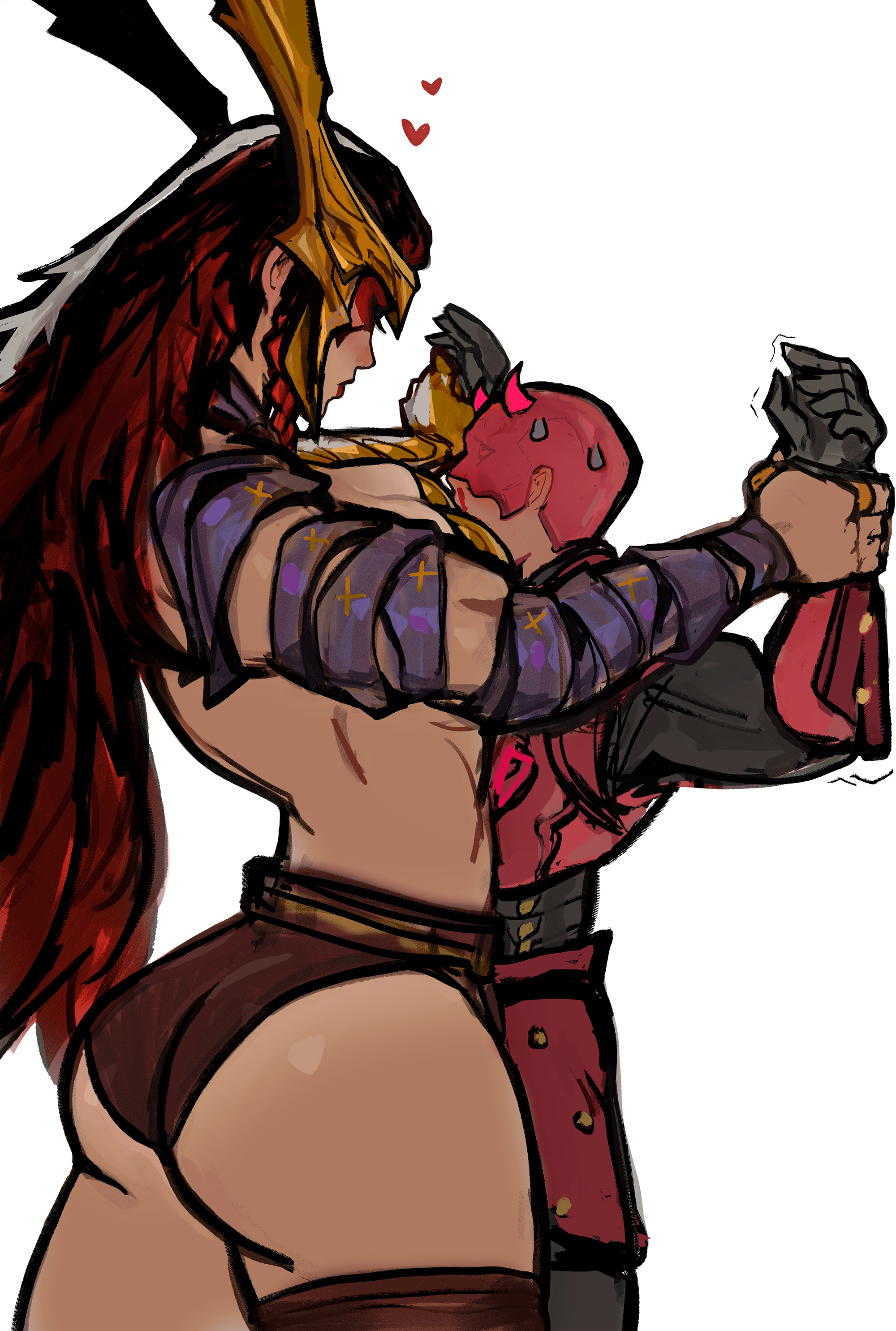 peter chai, angela (marvel), daredevil, marvel, marvel rivals, thor (marvel) (series), absurdres, highres, 1boy, 1girl, armor, ass, breasts, holding, long hair, metal bra, muscular, muscular female, red hair, simple background