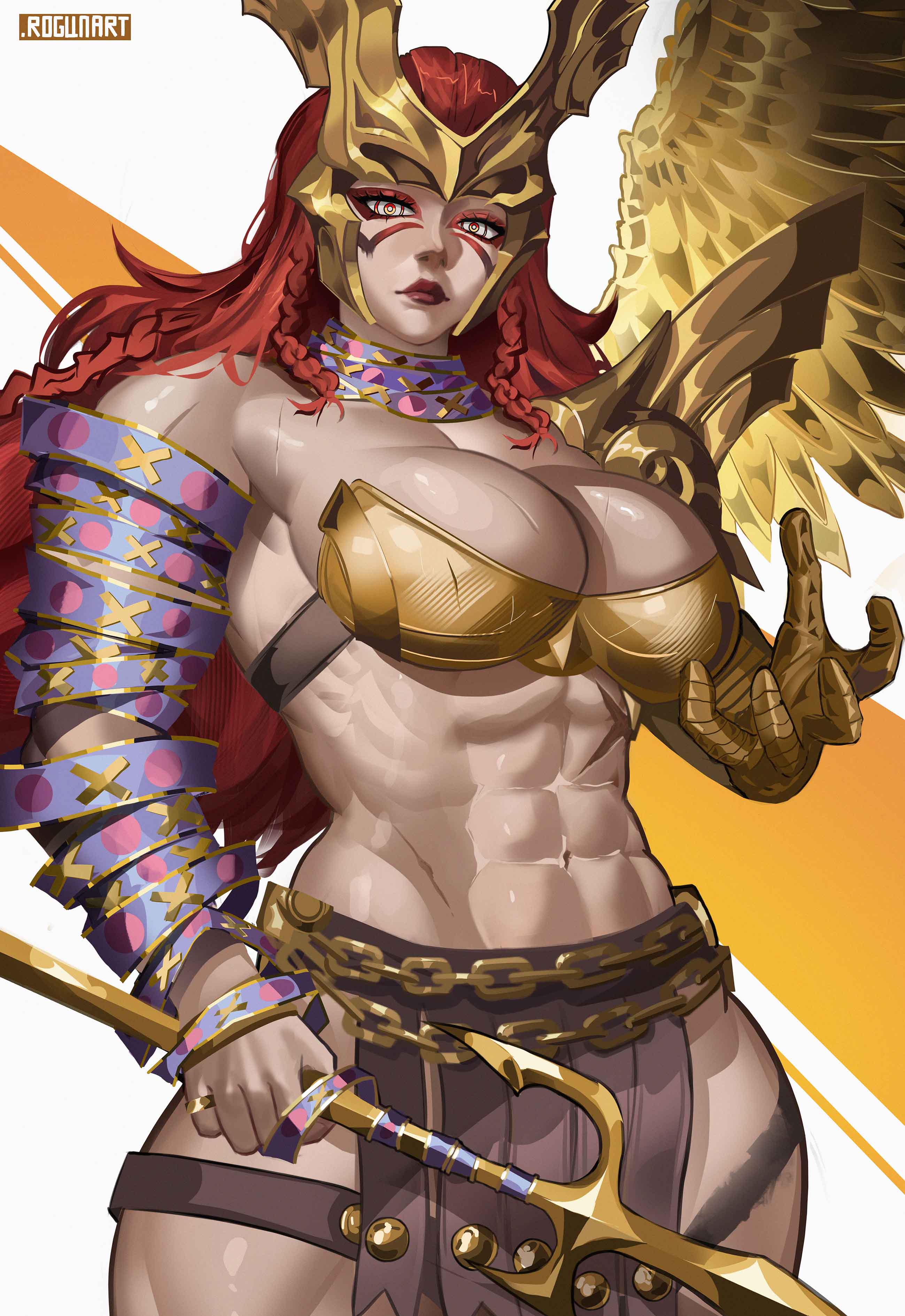 rogun, angela (marvel), marvel, marvel rivals, thor (marvel) (series), absurdres, highres, 1girl, abs, armor, bodypaint, breasts, large breasts, long hair, looking at viewer, metal bra, muscular, muscular female, navel, red hair, scar, scar on stomach, solo, weapon