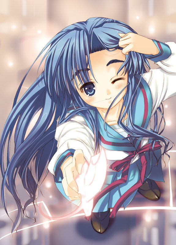 arikawa satoru, asakura ryoko, suzumiya haruhi no yuuutsu, eyebrows, 00s, 1girl, ;d, aiming, aiming at viewer, blue eyes, blue hair, blush, female focus, from above, glowing, glowing weapon, hair spread out, holding, holding weapon, knife, long hair, long sleeves, looking at viewer, matching hair/eyes, one eye closed, open mouth, red ribbon, ribbon, school uniform, serafuku, shoes, skirt, smile, solo, standing, tucking hair, very long hair, weapon