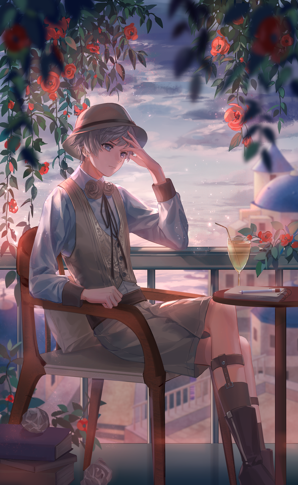 nikki (series), shining nikki, artist request, game cg, highres, official art, 1boy, ankle socks, annoyed, balcony, belt, black belt, black boots, black ribbon, black socks, blue eyes, blue shirt, blue sky, book, book stack, boots, bowler hat, brooch, brown vest, buttons, cargo shorts, chair, cherry, closed mouth, cloud, cocktail, collared shirt, crossed legs, cup, desk lamp, drinking glass, drinking straw, feet out of frame, flower, flower brooch, food, fruit, gradient sky, grey flower, grey hair, grey hat, grey rose, grey shorts, hand on own head, hat, helz (shining nikki), jewelry, lamp, leg belt, light particles, long sleeves, looking ahead, male focus, marker, neck ribbon, notepad, on chair, outdoors, poppy (flower), puffy long sleeves, puffy sleeves, railing, red flower, ribbed socks, ribbon, rose, shirt, short hair, shorts, sitting, sky, socks, solo, sunset, table, town, vest, wine glass, zipper
