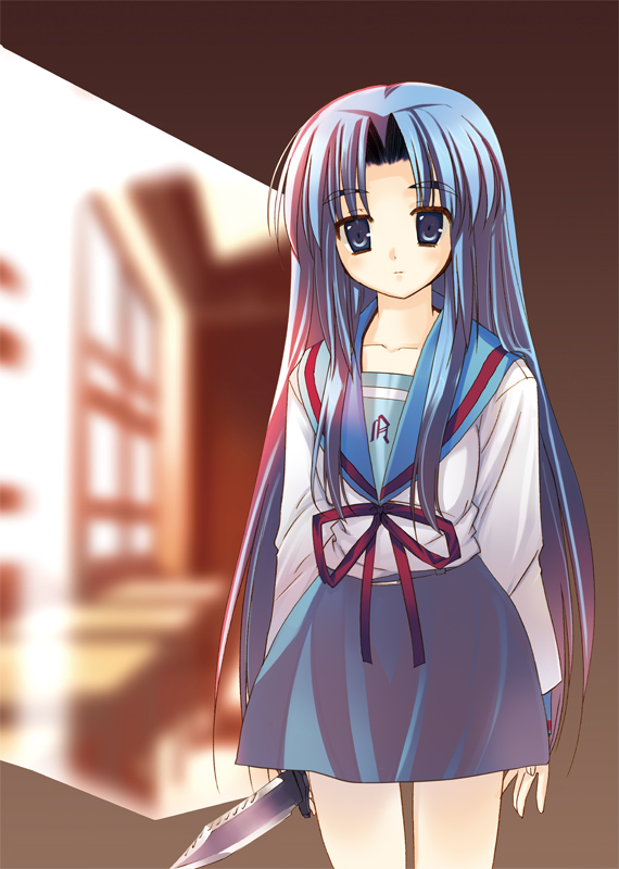 arikawa satoru, asakura ryoko, suzumiya haruhi no yuuutsu, 00s, 1girl, blue eyes, blue hair, blue skirt, blurry, blurry background, blush, female focus, glint, holding, holding weapon, knife, long hair, long sleeves, looking at viewer, matching hair/eyes, red ribbon, ribbon, sailor collar, school uniform, serafuku, skirt, solo, standing, weapon