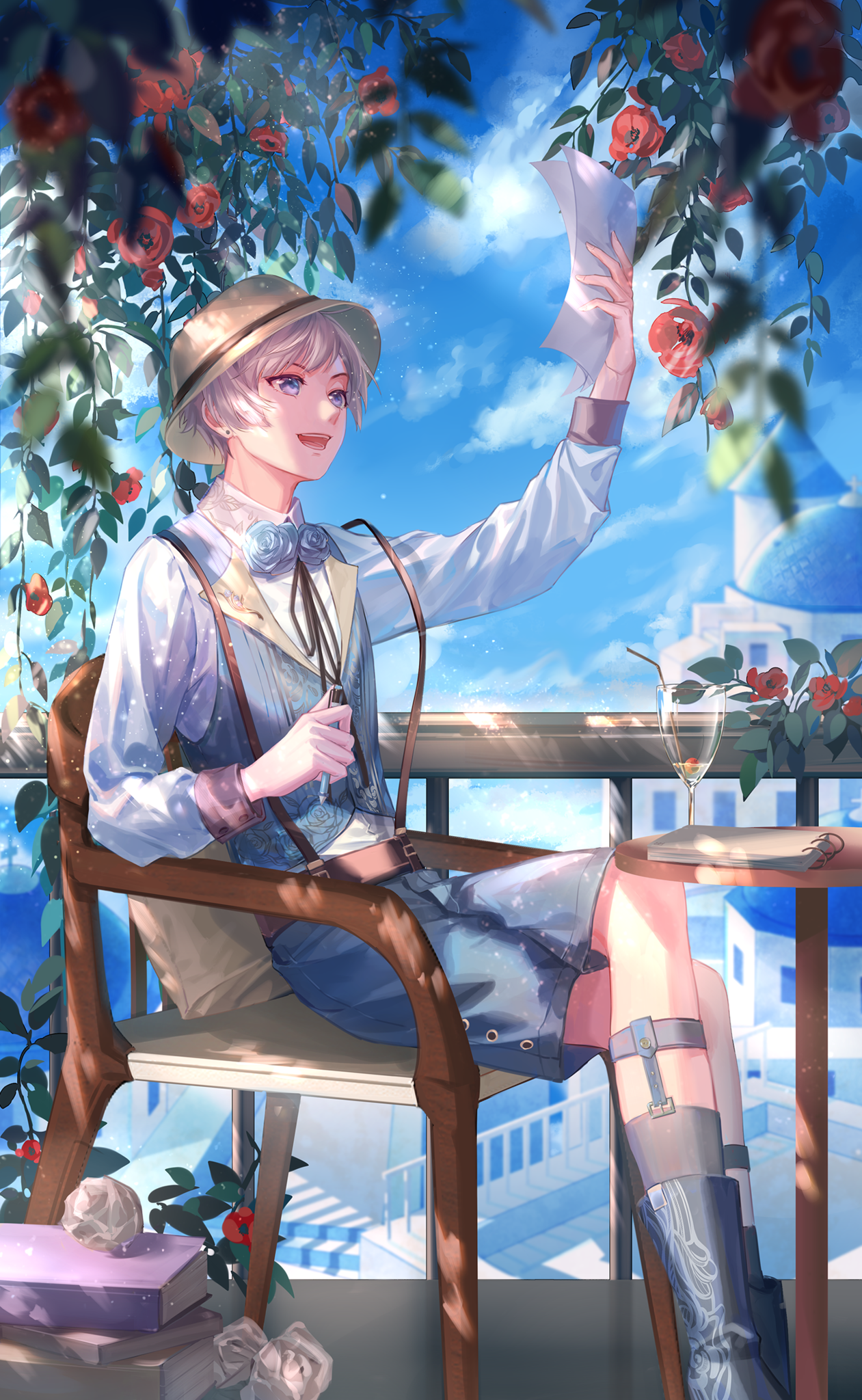 nikki (series), shining nikki, artist request, game cg, highres, official art, 1boy, ankle socks, balcony, belt, black belt, black boots, black socks, blue eyes, blue shorts, blue sky, blue vest, book, book stack, boots, bowler hat, cargo shorts, chair, cloud, collared shirt, collared vest, crumpled paper, cup, day, drinking glass, drinking straw, feet out of frame, flower, grey hair, grey hat, hair between eyes, happy, hat, helz (shining nikki), holding, holding paper, holding pen, lapels, leg belt, light particles, light rays, long sleeves, looking at object, male focus, notepad, on chair, open mouth, outdoors, paper, peaked lapels, pen, pinstripe pattern, pinstripe vest, pocket, pointy nose, poppy (flower), puffy long sleeves, puffy sleeves, railing, red flower, ribbed socks, shirt, short hair, shorts, sitting, sky, smile, socks, solo, sunlight, suspender shorts, suspenders, table, teeth, town, upper teeth only, vest, white shirt, wine glass