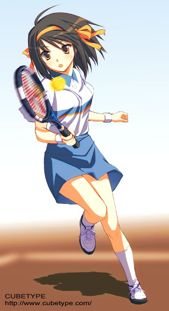 yuuki keisuke, suzumiya haruhi, suzumiya haruhi no yuuutsu, 00s, ball, brown hair, racket, short hair, solo, sportswear, tennis, tennis ball, tennis racket, tennis uniform