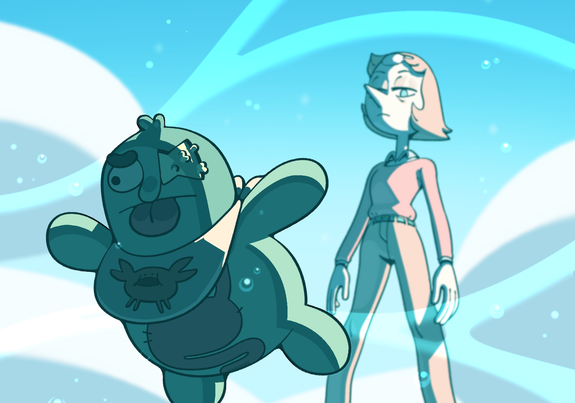 discount-supervillain, pearl (steven universe), breaking bad, steven universe, highres, 1girl, alternate costume, doll, forehead jewel, gem, gem (steven universe), mr. queasy, parody, pearl (species) (steven universe), pointy nose, shirt, short hair, solo, stuffed toy, toon (style)