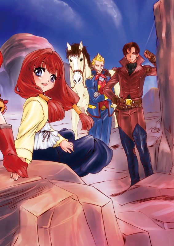 kannah, gemini sunrise, larry (sakura taisen), sakura taisen, sakura taisen v, 1girl, 2boys, belt, black boots, blonde hair, blue eyes, blue jacket, blue pants, blue skirt, blush, boots, brad basileus, braid, brown eyes, brown hair, chamber westwood, crossed arms, hair slicked back, hand on own hip, holding hands, jacket, juanita cushing, leather, leather jacket, leather pants, long hair, multiple belts, multiple boys, pants, red jacket, red pants, red shirt, shirt, skirt, striped clothes, striped shirt, white horse, white shirt, yellow jacket