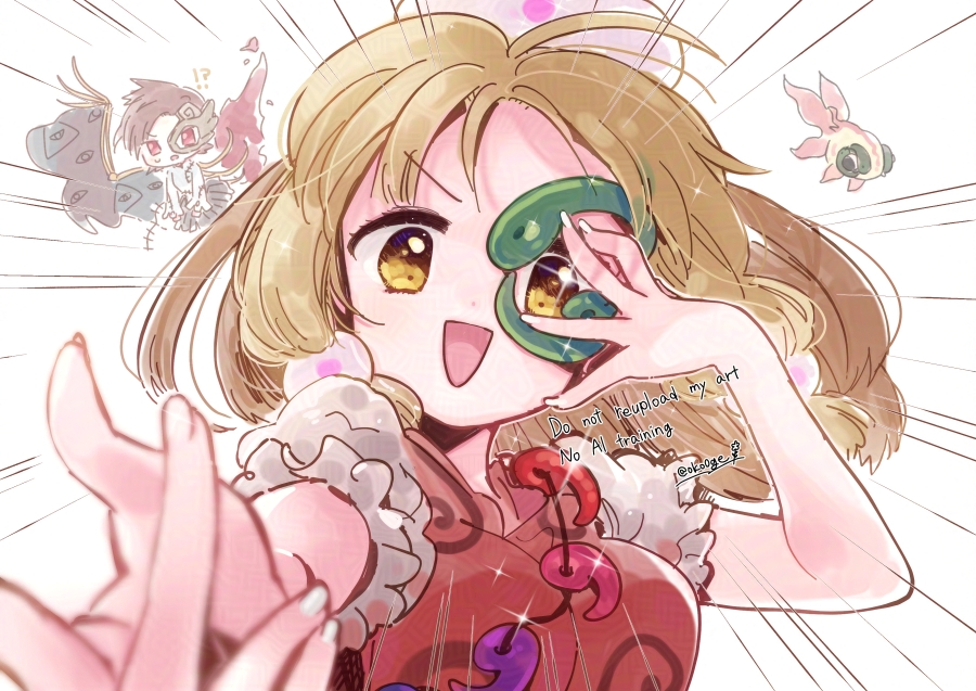 biyon, iwanaga ariya, tamatsukuri misumaru, touhou, commentary request, !?, 2girls, :d, beads, blonde hair, breasts, brown hair, emphasis lines, eye of providence, fiery wings, grey skirt, hair beads, hair ornament, half mask, hand on mask, headpiece, jewelry, koi, magatama, magatama necklace, mask, medium breasts, medium hair, multiple girls, necklace, open mouth, outstretched arm, puffy short sleeves, puffy sleeves, red eyes, red shirt, shirt, short hair, short sleeves, skeletal wings, skirt, smile, watermark, white shirt, wings, yellow eyes