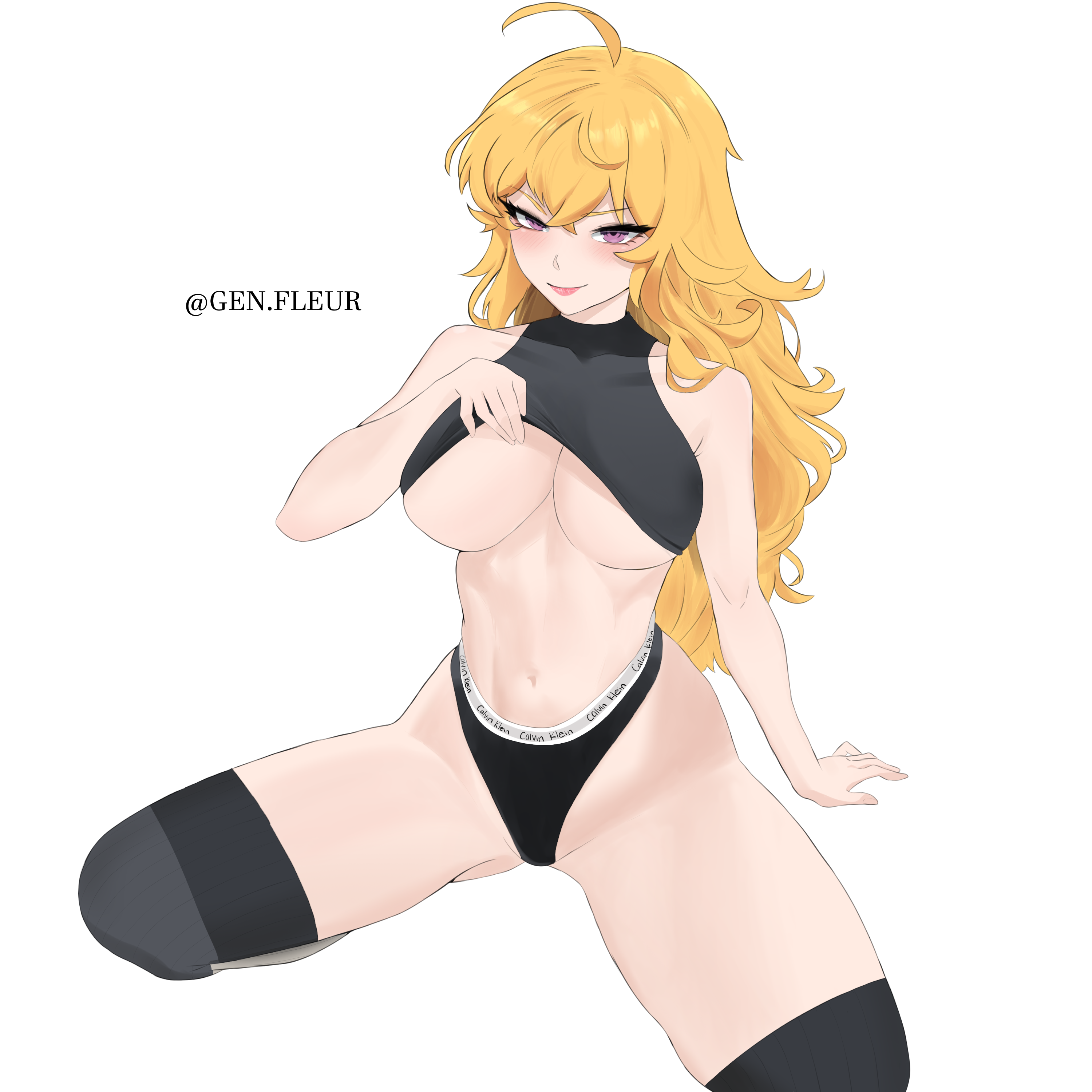 gen.fleur, yang xiao long, calvin klein, rwby, absurdres, highres, 1girl, ahoge, black panties, black sports bra, black thighhighs, blonde hair, blush, breasts, clothes lift, large breasts, lifting own clothes, long hair, navel, panties, purple eyes, simple background, solo, sports bra, sports bra lift, thighhighs, thighs, underwear, very long hair, wavy hair, white background