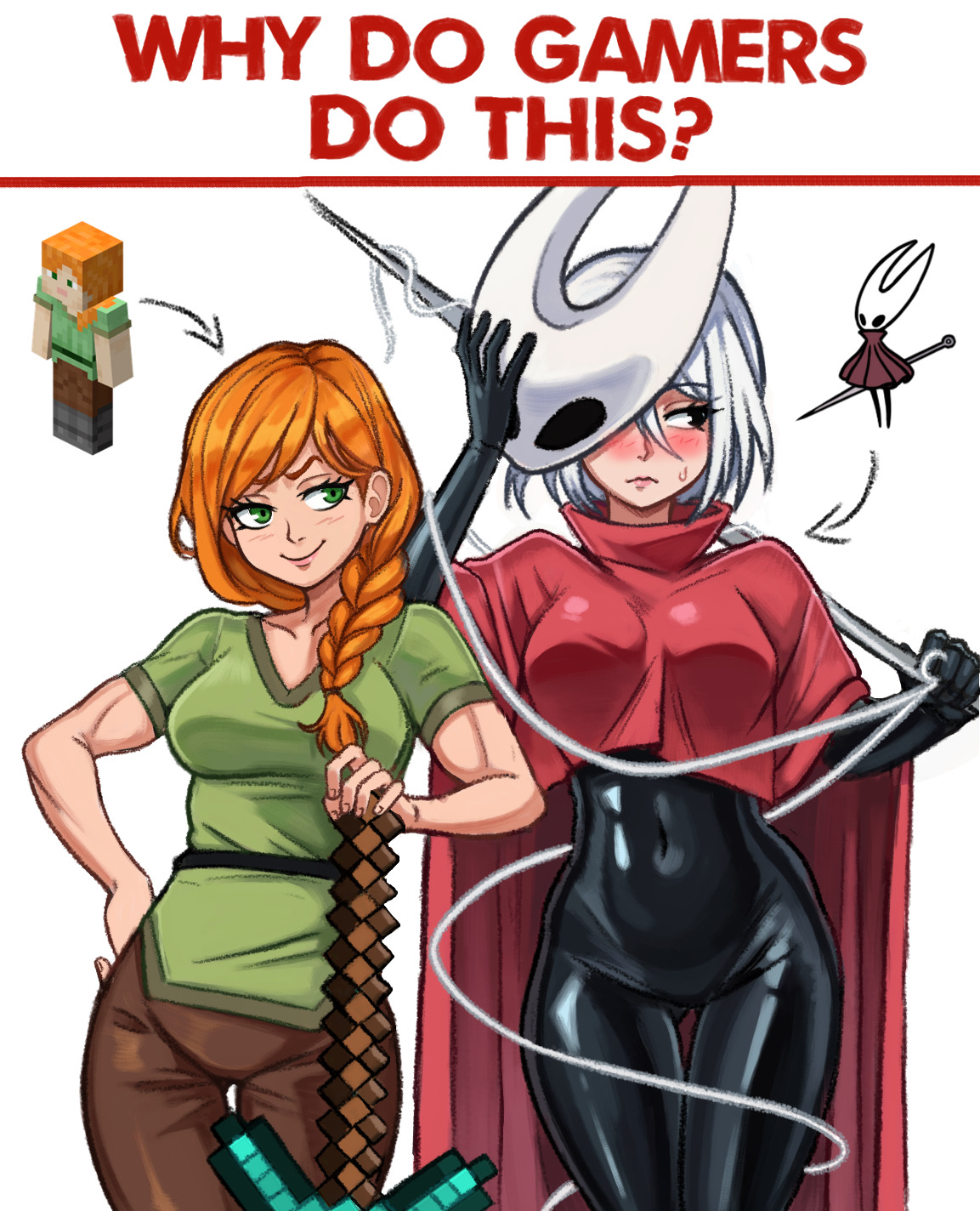 neggoartz, alex (minecraft), hornet (hollow knight), hollow knight, minecraft, commentary, english commentary, highres, 2girls, black bodysuit, black eyes, blush, bodysuit, braid, braided ponytail, cloak, closed mouth, embarrassed, green eyes, green shirt, holding, holding pickaxe, holding sword, holding weapon, humanization, long hair, looking at another, looking at viewer, mask, medium hair, minecraft pickaxe, multiple girls, orange hair, pickaxe, red cloak, shirt, simple background, smile, standing, sword, t-shirt, weapon, white background, white hair