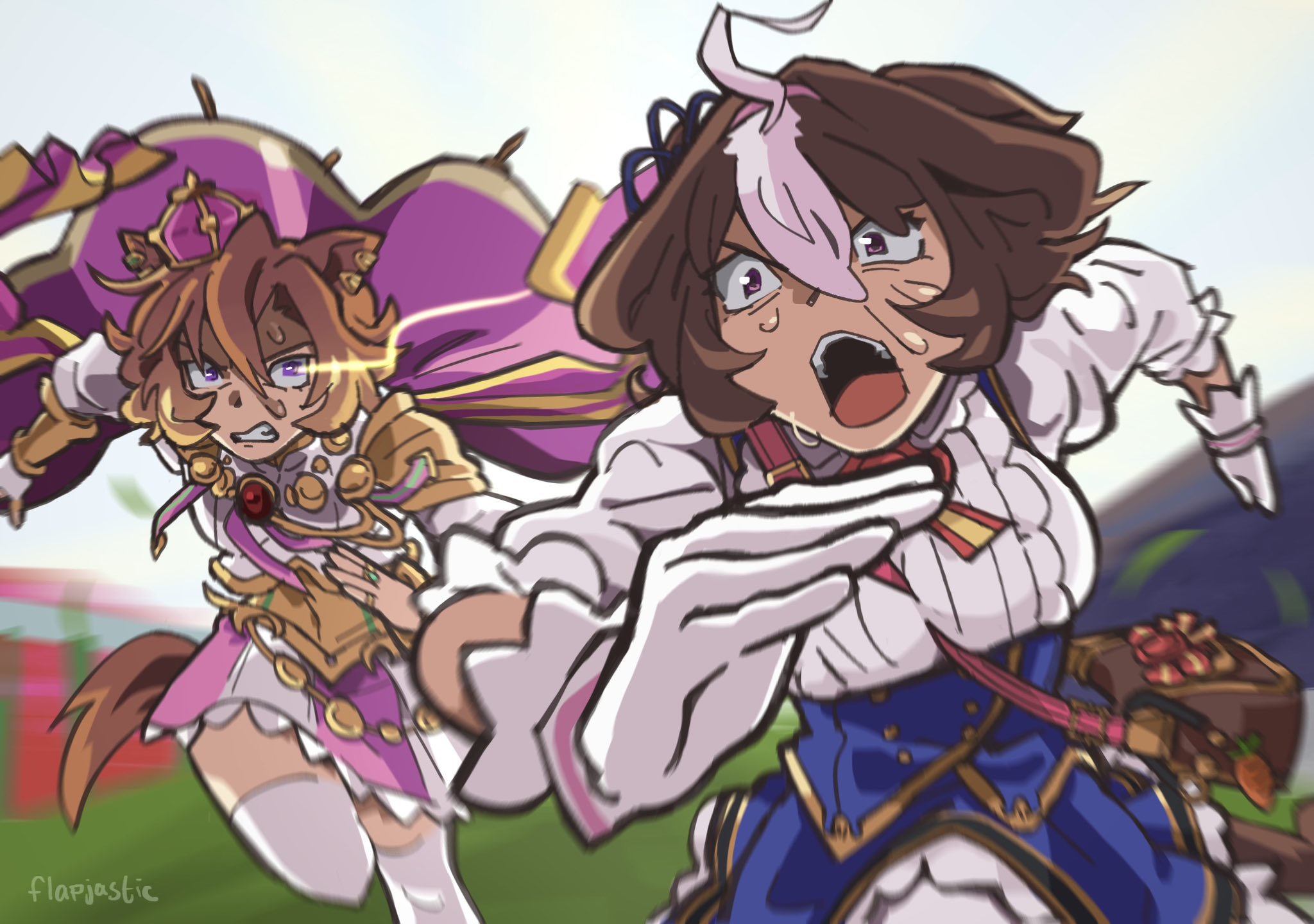 flapjastic, meisho doto (umamusume), t.m. opera o (o sole suo!) (umamusume), t.m. opera o (umamusume), umamusume, commentary, english commentary, highres, 2girls, ahoge, animal ears, bag, bow, breasts, brown hair, cape, carrot charm, clenched teeth, crown, double-parted bangs, ear piercing, ear ribbon, gloves, hair between eyes, hairband, horse ears, horse girl, horse racing track, horse tail, jewelry, large breasts, long sleeves, medium hair, mini crown, multicolored hair, multiple girls, open mouth, orange hair, orange tail, outdoors, piercing, pink cape, pink crown, pink hairband, purple eyes, ring, running, shirt, short hair, shoulder bag, skirt, sweat, tail, takarazuka kinen, teeth, thighhighs, two-tone hair, two-tone skirt, upper teeth only, white gloves, white hair, white shirt, white thighhighs