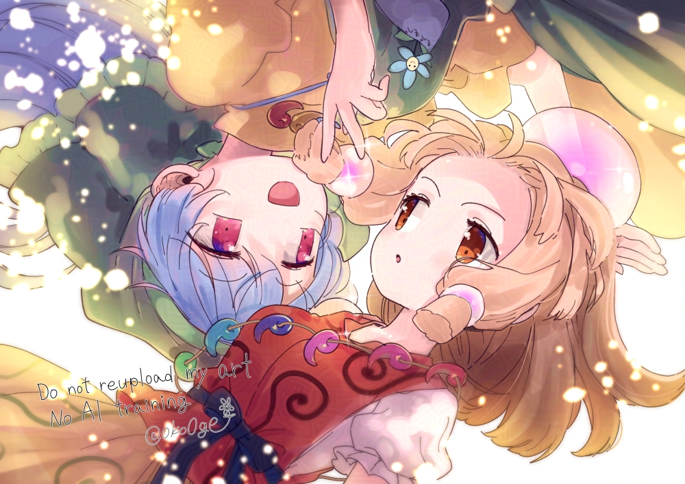 biyon, haniyasushin keiki, tamatsukuri misumaru, touhou, commentary request, 2girls, :d, apron, black sash, blonde hair, blue flower, blue hair, flower, green apron, green headscarf, grey shirt, headscarf, jewelry, long hair, looking at viewer, magatama, magatama necklace, medium hair, multiple girls, necklace, open mouth, orange eyes, parted lips, puffy short sleeves, puffy sleeves, red eyes, red vest, sash, shirt, short sleeves, skirt, smile, upside-down, vest, watermark, yellow shirt, yellow skirt