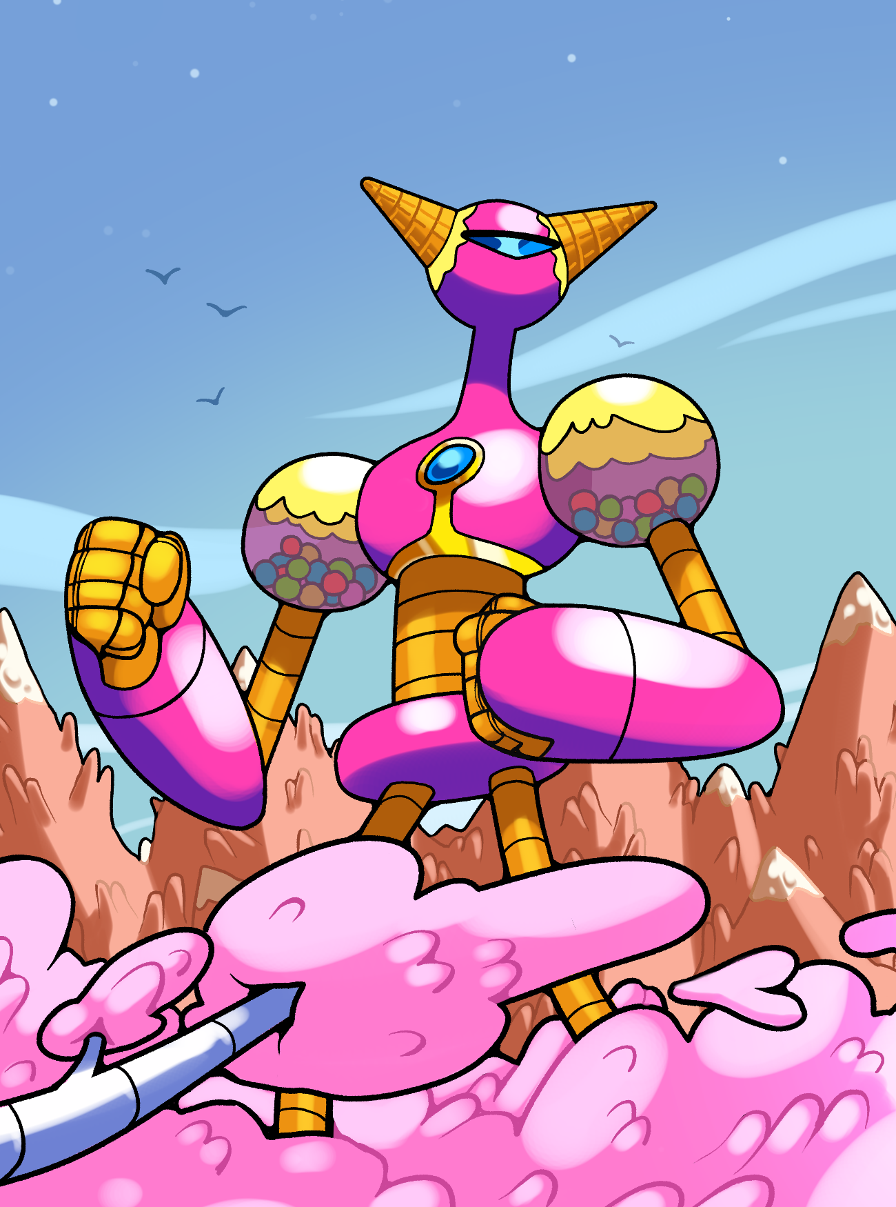 discount-supervillain, princess bonnibel bubblegum, adventure time, highres, candy kingdom, gold tiara, horns, ice cream cone, mecha, mecha focus, no humans, outdoors, robot, solo, standing, toon (style), tree