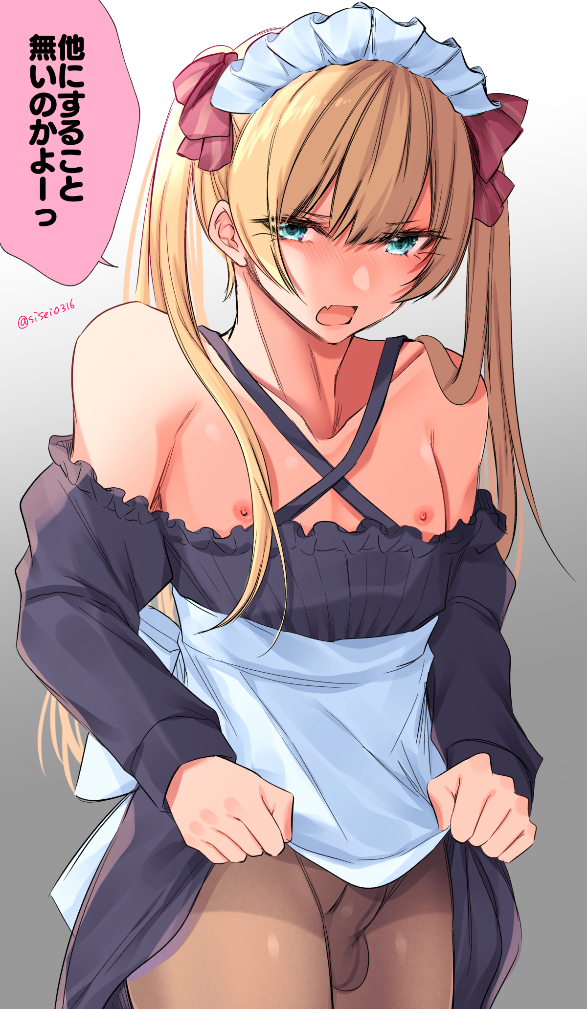 shisei (kyuushoku banchou), original, highres, translated, 1boy, apron, apron lift, aqua eyes, arms at sides, bare shoulders, blonde hair, blush, brown pantyhose, bulge, clothes lift, collarbone, cross-laced clothes, cross-laced dress, crossdressing, crossdressing (mtf), double-parted bangs, dress, dress lift, erection, erection under clothes, fang, frilled dress, frills, furrowed brow, hair between eyes, legs together, long sleeves, looking at another, looking at viewer, maid, maid headdress, male focus, nipples, no panties, off-shoulder dress, off shoulder, open mouth, pantyhose, pov, red ribbon, ribbon, ribbon-trimmed headwear, ribbon trim, sidelocks, simple background, skin fang, solo, speech bubble, standing, testicles, thighs, trap, twintails, unconventional maid, white apron