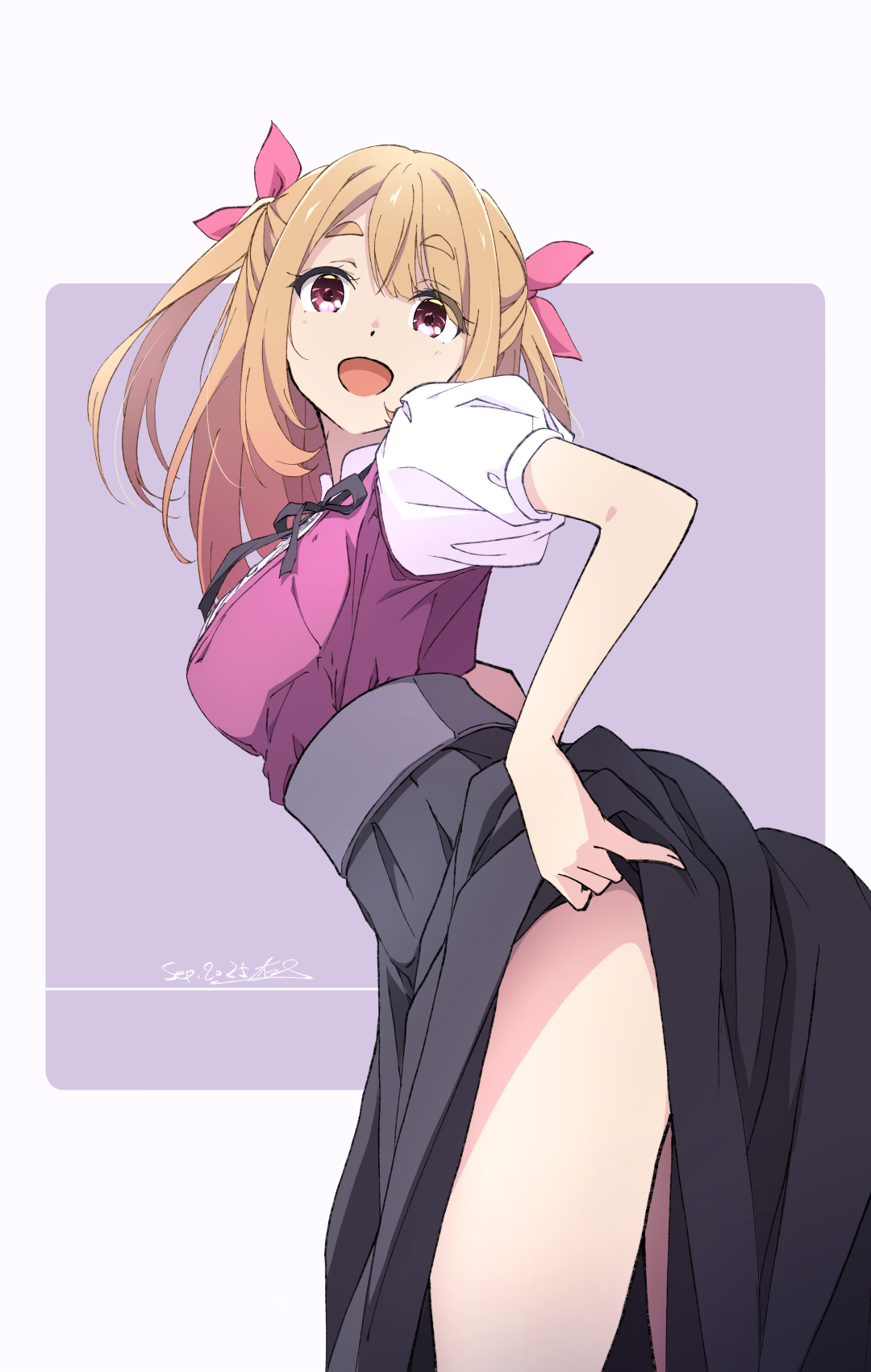 nii manabu, moaru-chan (nii manabu), original, commentary request, highres, 1girl, :d, black ribbon, black skirt, dated, grey background, hair ribbon, looking at viewer, open mouth, orange hair, pink eyes, pink ribbon, puffy short sleeves, puffy sleeves, purple background, ribbon, short sleeves, signature, skirt, smile, solo, thighs, two-tone background