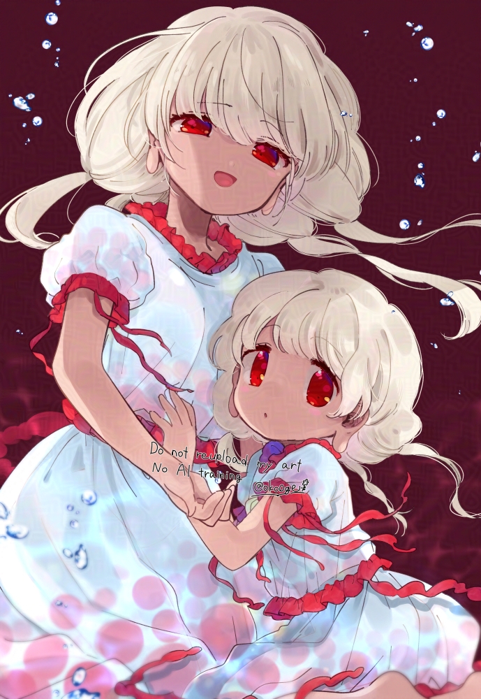 biyon, ebisu eika, touhou, adversarial noise, commentary request, 1girl, :d, air bubble, barefoot, blonde hair, bubble, collar, dark skin, feet out of frame, floating hair, frilled collar, frilled shirt, frills, kneeling, light blush, long earlobes, long hair, looking at viewer, multiple views, narrowed eyes, open mouth, parted lips, polka dot, red background, red eyes, red ribbon, ribbon, shirt, skirt, smile, twintails, underwater, white shirt, white skirt