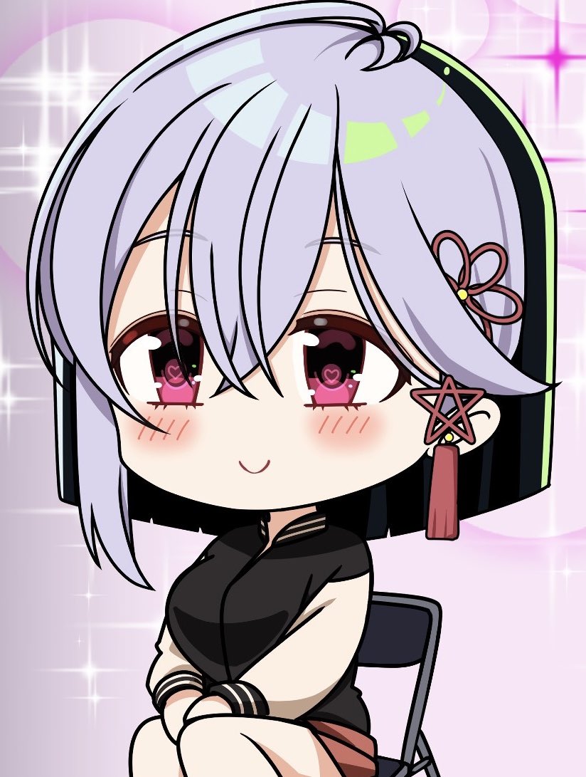tft (tft7822), original, commentary request, 1girl, akashiya yuu, black hair, black jacket, blunt ends, blush, bob cut, c:, chair, chibi, chibi only, closed mouth, cowboy shot, crack lack good luck, crossed bangs, grey hair, hair between eyes, hair ornament, heart, heart-shaped pupils, jacket, letterman jacket, medium hair, multicolored hair, on chair, pink background, red eyes, simple background, sitting, smile, solo, sparkle, symbol-shaped pupils, tassel, tassel hair ornament, two-tone hair