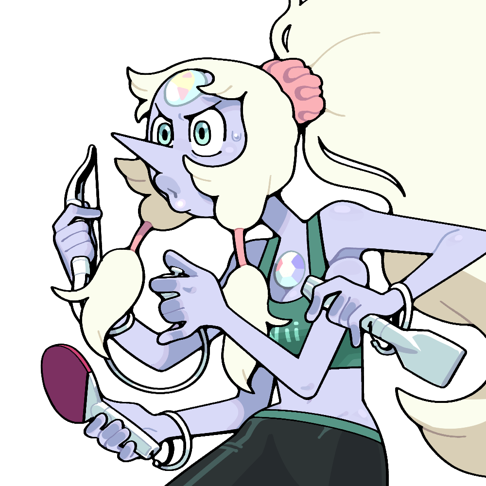 discount-supervillain, opal (steven universe), steven universe, 1girl, breasts, chest jewel, cleavage, colored skin, extra arms, forehead jewel, gem, gem (steven universe), long hair, opal (gemstone), ponytail, purple skin, sidelocks, solo, thick lips, upper body, very long hair