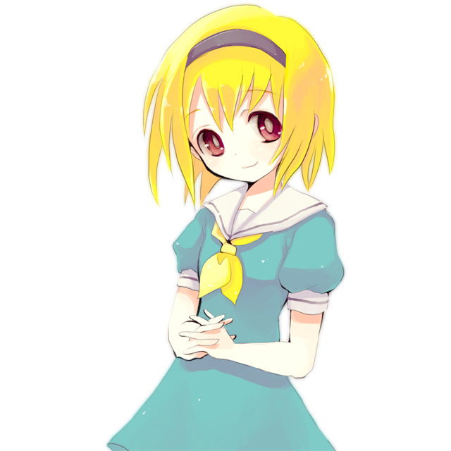 yakisake, houjou satoko, higurashi no naku koro ni, 00s, 1girl, blonde hair, dress, female focus, looking at viewer, neckerchief, puffy short sleeves, puffy sleeves, red eyes, sailor collar, sailor dress, school uniform, serafuku, short hair, short sleeves, simple background, smile, solo, white background, yellow neckerchief