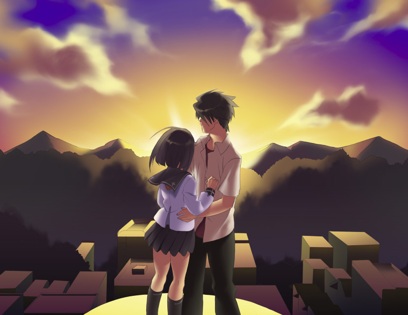 piyodera mucha, mutou kazuki, tsumura tokiko, busou renkin, 00s, 1boy, 1girl, bob cut, hug, sunrise