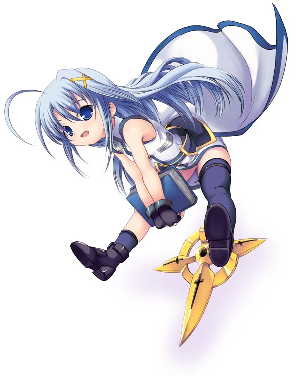 soba (saz), book of the azure sky, reinforce zwei, schwertkreuz, schwertkreuz (standby form), lyrical nanoha, mahou shoujo lyrical nanoha, mahou shoujo lyrical nanoha strikers, 00s, 1girl, ahoge, asymmetrical clothes, asymmetrical legwear, blue eyes, blue hair, book, female focus, fingerless gloves, gloves, hair ornament, magical girl, matching hair/eyes, mini person, minigirl, single thighhigh, solo, thighhighs, uneven legwear, waist cape, x hair ornament