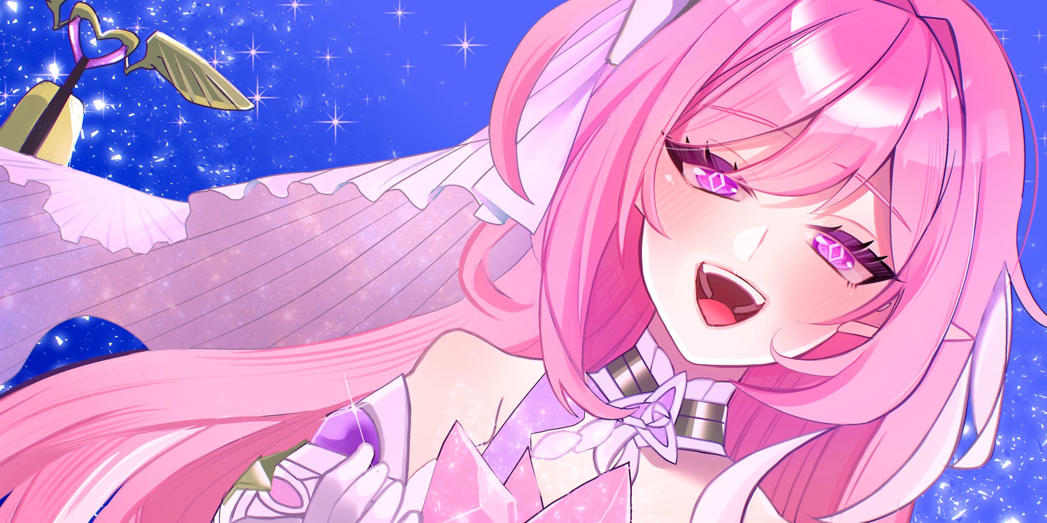 elysia (herrscher of human: ego) (honkai impact), elysia (honkai impact), honkai (series), honkai impact 3rd, commentary request, highres, 1girl, bare shoulders, bell, blue sky, diamond-shaped pupils, diamond (shape), elf, gloves, goze n, long hair, multicolored hair, pink hair, pointy ears, purple eyes, sky, smile, solo, symbol-shaped pupils, teeth, triquetra, two-tone hair, upper body, upper teeth only, very long hair, vest, white gloves, white hair, white vest