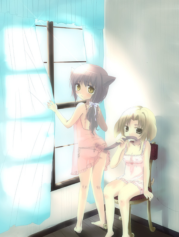 kayune niu, original, 2girls, animal ears, barefoot, blonde hair, blush, bottomless, brown eyes, brown hair, cat ears, cat tail, chemise, curtains, dog ears, dog tail, flat chest, loli, multiple girls, panties, see-through clothes, short hair, shy, tail, underwear, window, yellow eyes, yuri