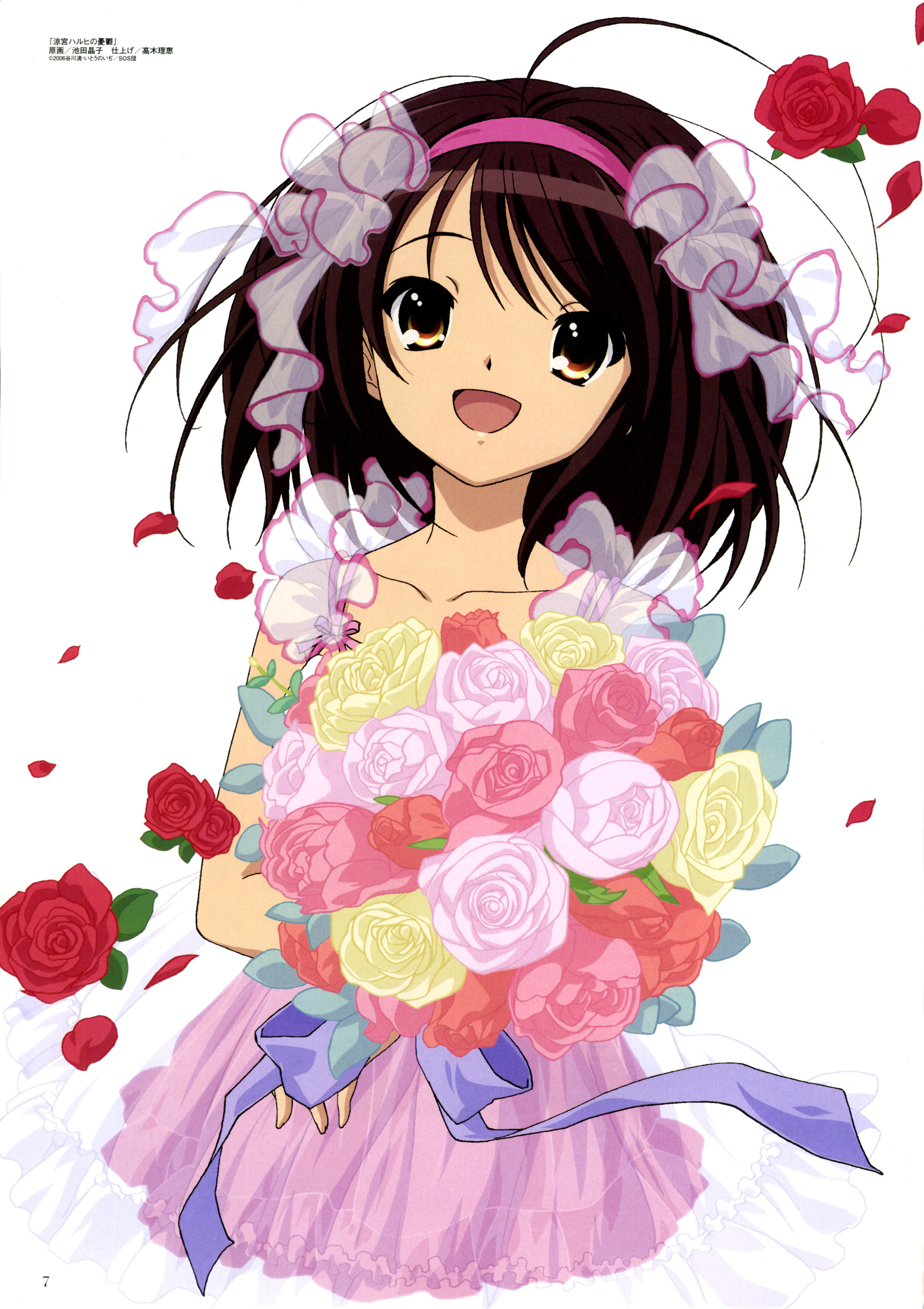 ikeda shouko, suzumiya haruhi, megami deluxe, megami magazine, suzumiya haruhi no yuuutsu, absurdres, highres, magazine scan, official art, scan, 00s, 1girl, ahoge, bouquet, brown hair, female focus, flower, huge ahoge, rose, short hair, solo