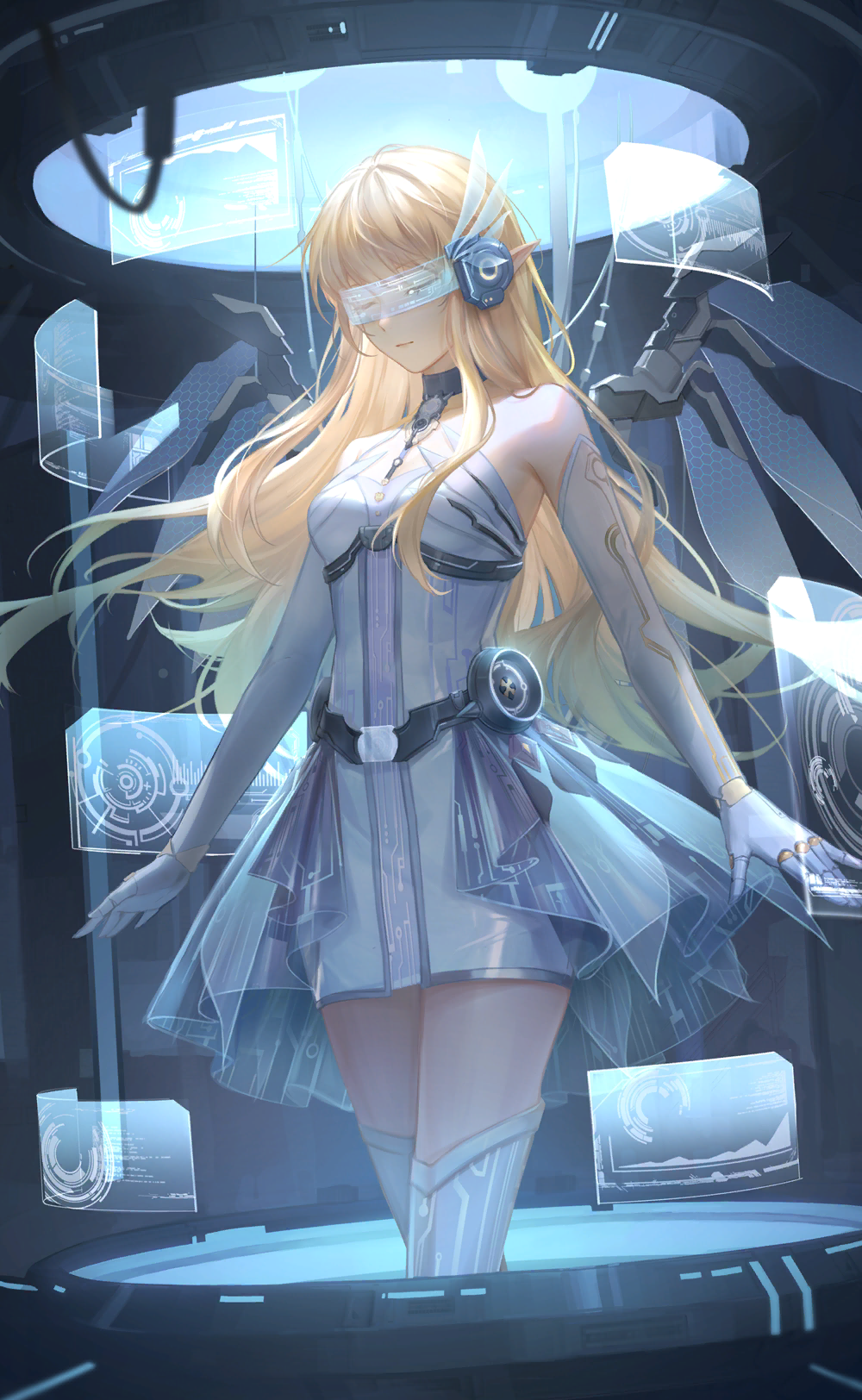 nikki (series), shining nikki, artist request, game cg, highres, official art, 1girl, bare shoulders, belt, belt buckle, black belt, black choker, blonde hair, blue-tinted eyewear, blue skirt, blue wings, buckle, cable, choker, closed eyes, closed mouth, cowboy shot, cyborg, dark, dress, expressionless, hair ornament, halter dress, halterneck, hestia (shining nikki), holographic monitor, indoors, laboratory, long hair, love: signal (shining nikki), mechanical arms, mechanical wings, miniskirt, pleated skirt, science fiction, see-through clothes, see-through skirt, short dress, showgirl skirt, sidelocks, skirt, solo, standing, thighhighs, tinted eyewear, very long hair, visor (armor), wavy hair, white dress, white thighhighs, wing hair ornament, wings