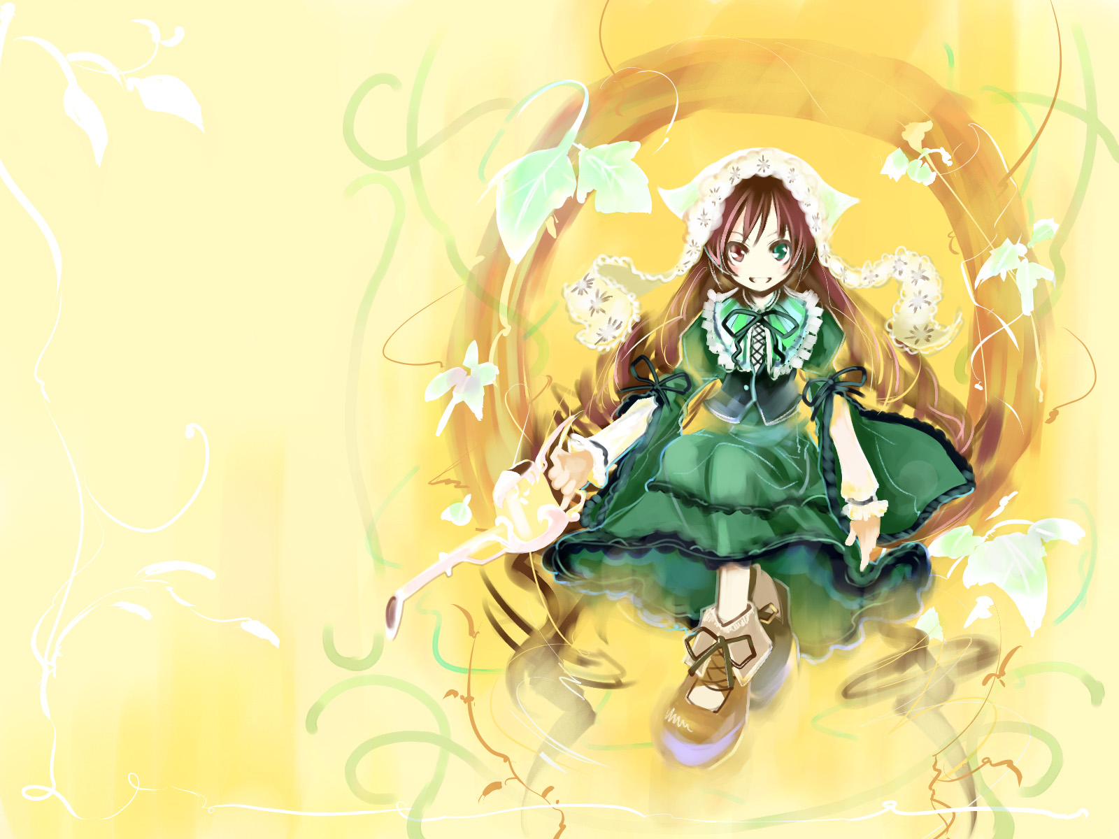 ushiki yoshitaka, suiseiseki, rozen maiden, highres, 00s, 1girl, brown hair, collar, dress, female focus, frilled collar, frilled shirt collar, frills, full body, green dress, green eyes, long hair, long sleeves, looking at viewer, red eyes, simple background, solo, very long hair, yellow background