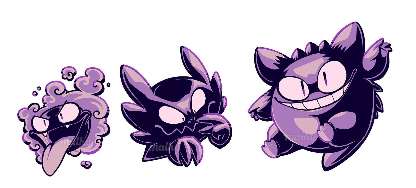malky (malkshake), gastly, gengar, haunter, nintendo, pokemon, commentary, english commentary, highres, evolutionary line, gen 1 pokemon, grid teeth, grin, monochrome, no humans, open mouth, pokemon (creature), pokemon focus, purple theme, rayman limbs, simple background, smile, tongue, tongue out, white background