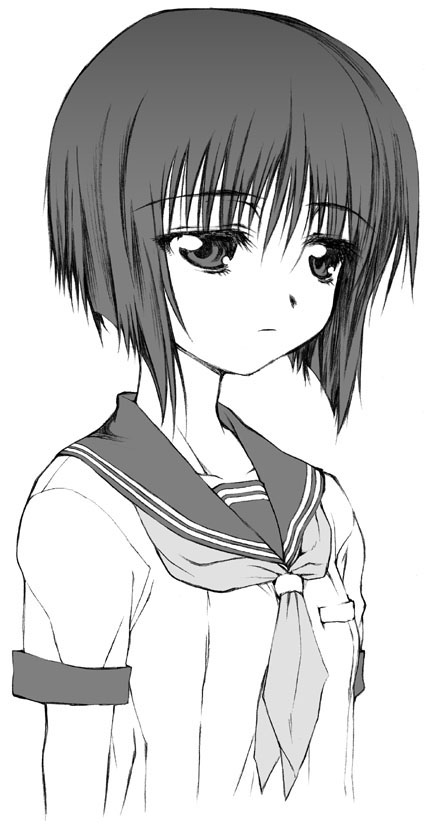 yamaguchi homupe, kashiwagi kaede, kizuato, 1girl, bob cut, expressionless, female focus, greyscale, monochrome, school uniform, serafuku, solo, upper body