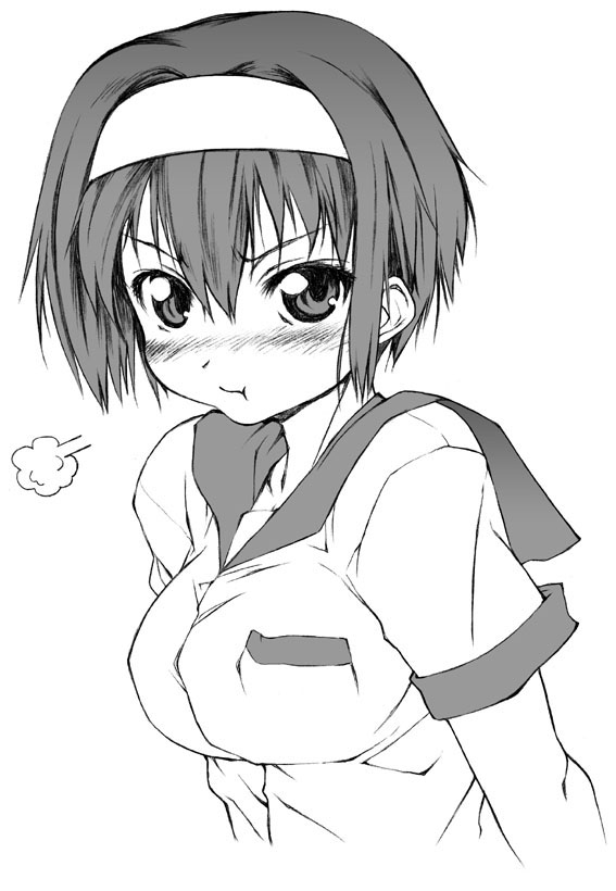 yamaguchi homupe, kashiwagi azusa, kizuato, 1girl, :t, blush, breasts, female focus, greyscale, headband, large breasts, monochrome, pout, short hair, solo