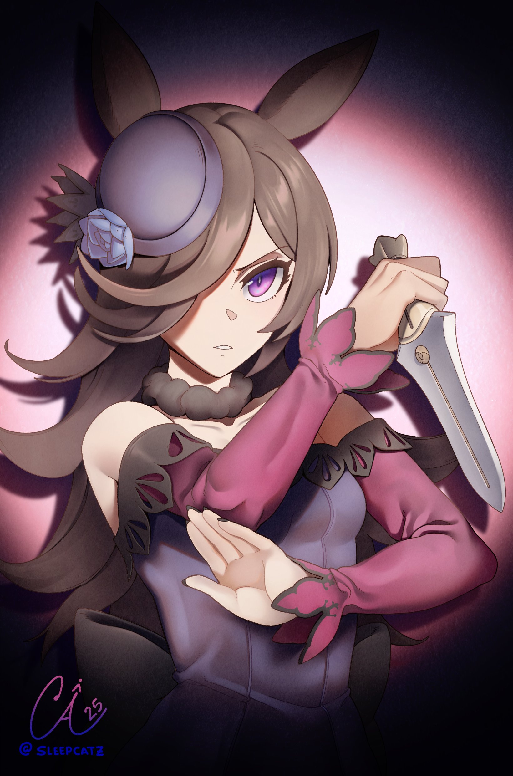 sleepcatz, rice shower (rosy dreams) (umamusume), rice shower (umamusume), umamusume, absurdres, commentary, english commentary, highres, 1girl, animal ears, bare shoulders, blue dress, blue flower, blue hat, blue rose, breasts, brown hair, collarbone, dagger, dress, fascinator, flipped hair, flower, hair over one eye, hat, hat flower, holding, holding dagger, holding knife, holding weapon, horse ears, horse girl, knife, long hair, long sleeves, looking at viewer, off-shoulder dress, off shoulder, parted lips, purple dress, purple eyes, rose, solo, tilted headwear, upper body, weapon