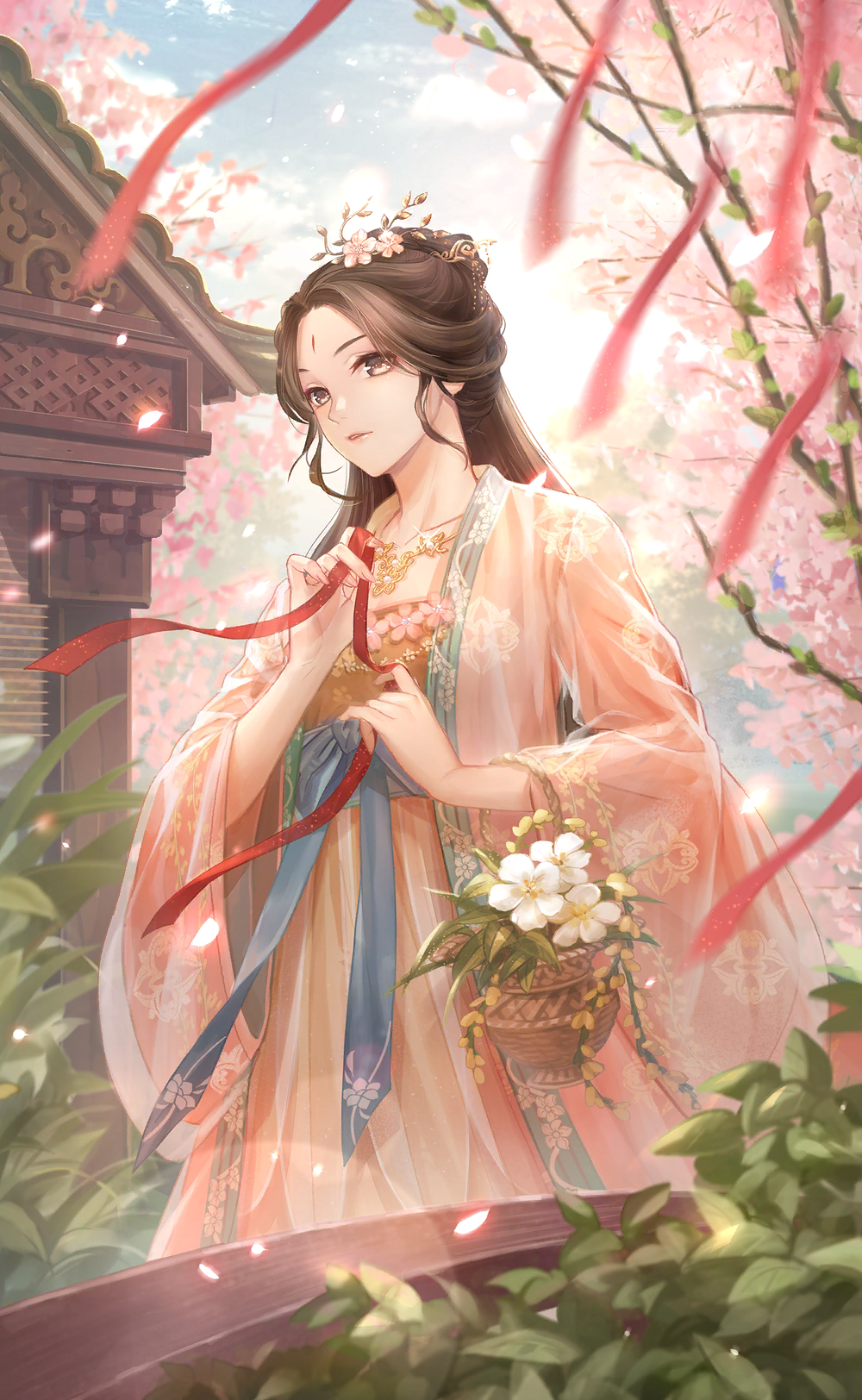 nikki (series), shining nikki, artist request, game cg, highres, official art, 1girl, architecture, backlighting, basket, blue bow, blue sky, bow, brown eyes, brown hair, cherry blossoms, closed mouth, cloud, cowboy shot, day, east asian architecture, expressionless, facial mark, flower, forehead mark, garden, hair flower, hair ornament, holding, holding ribbon, house, jiang xitong, light frown, light particles, lipstick, long hair, long sleeves, looking at viewer, makeup, morning blossoms (shining nikki), outdoors, pink flower, pink lips, pink robe, plant, pointy nose, potted plant, red ribbon, ribbon, robe, sky, solo, spring (season), standing, sun, tree, waist bow, white flower, wide sleeves, wind, yellow hanfu