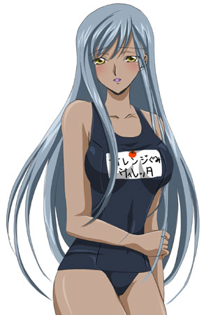 sinko (sinsin), villetta nu, villetta nu (amnesia), code geass, silver hair, lowres, 00s, dark skin, name tag, one-piece swimsuit, school swimsuit, solo, swimsuit, yellow eyes