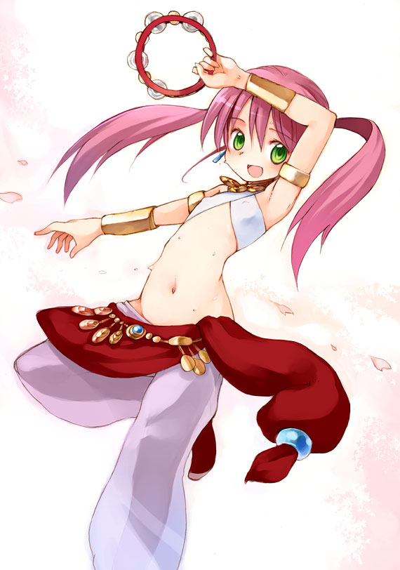 kito (sorahate), bard (sekaiju), bard 2 (sekaiju), atlus, etrian odyssey, 1girl, :d, arm up, armpits, bard, belt, blush, bracer, covered erect nipples, crop top, dancer, dancing, earrings, female focus, flat chest, green eyes, holding, instrument, jewelry, leg lift, loli, long hair, looking at viewer, lots of jewelry, lowleg, midriff, navel, necklace, no panties, open mouth, petals, pink hair, sarong, see-through clothes, shoes, simple background, smile, solo, standing, standing on one leg, sweat, tambourine, twintails, white background, wide hips