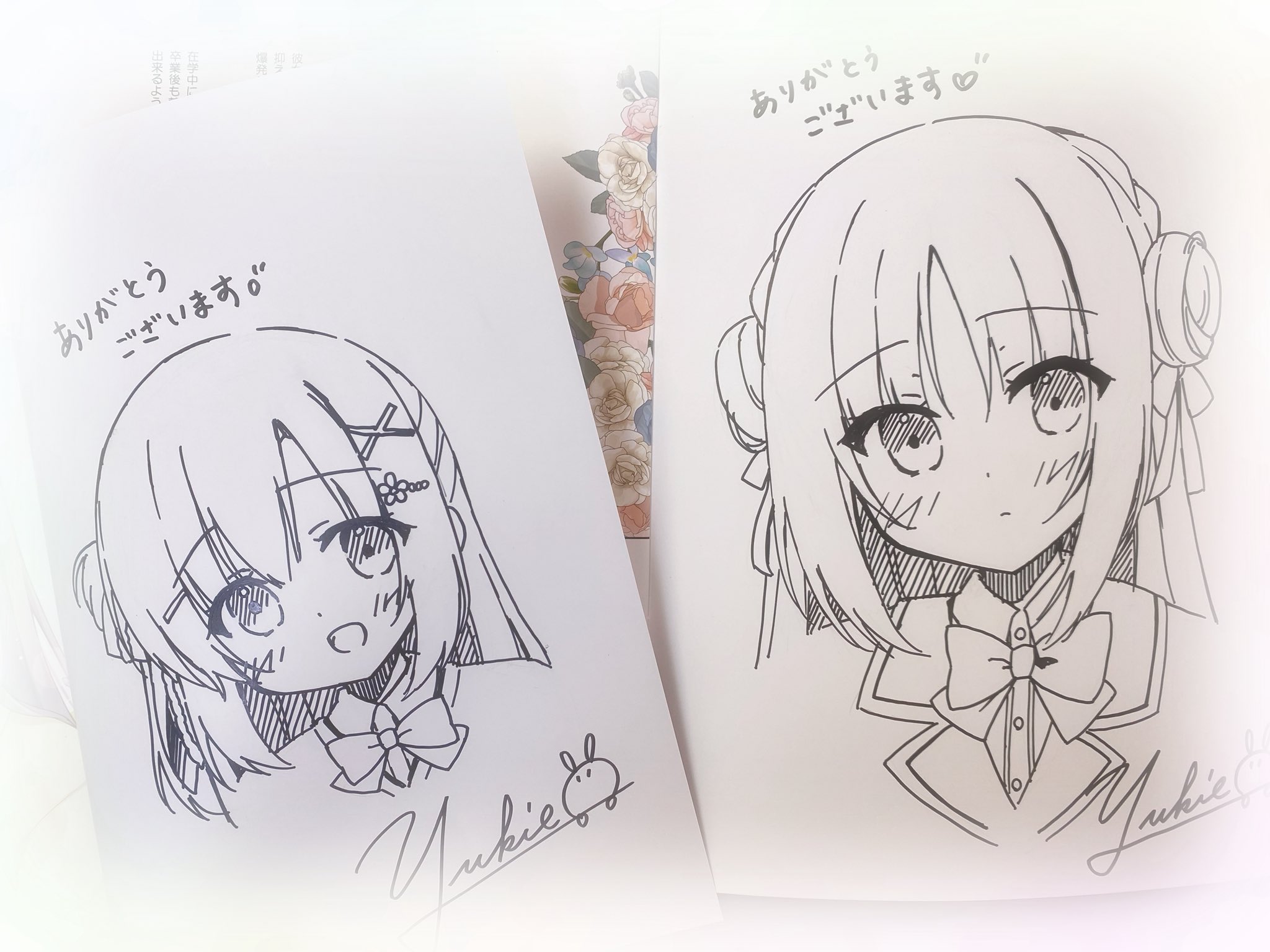 yukie (peach candy), original, commentary request, highres, photo (medium), traditional media, translation request, 2girls, :d, blush, bow, braid, closed mouth, collared shirt, double bun, dress shirt, flower, hair bun, hair flower, hair ornament, jacket, multiple girls, open mouth, shirt, signature, smile, sweater, x hair ornament