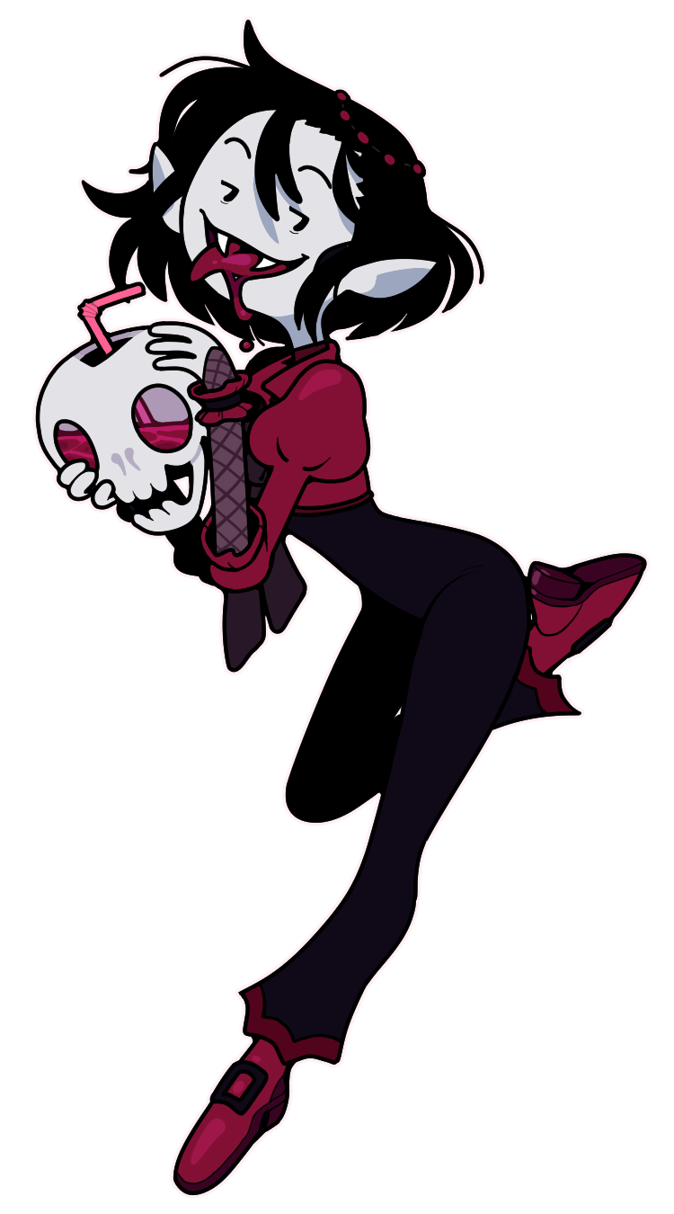 discount-supervillain, marceline abadeer, the star (adventure time), adventure time, adventure time: fionna and cake, highres, 1girl, black hair, blood, demon girl, drinking blood, fangs, official alternate costume, official alternate hair length, official alternate hairstyle, pointy ears, short hair, skull, smile, solo, vampire