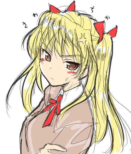 akata itsuki, sawachika eri, school rumble, 00s, 1girl, angry, blonde hair, blush, bow, brown eyes, closed mouth, expressionless, female focus, hair bow, hair ribbon, looking at viewer, puffy short sleeves, puffy sleeves, red ribbon, ribbon, school uniform, serafuku, short sleeves, sidelocks, simple background, sketch, solo, sweatdrop, twintails, upper body, white background
