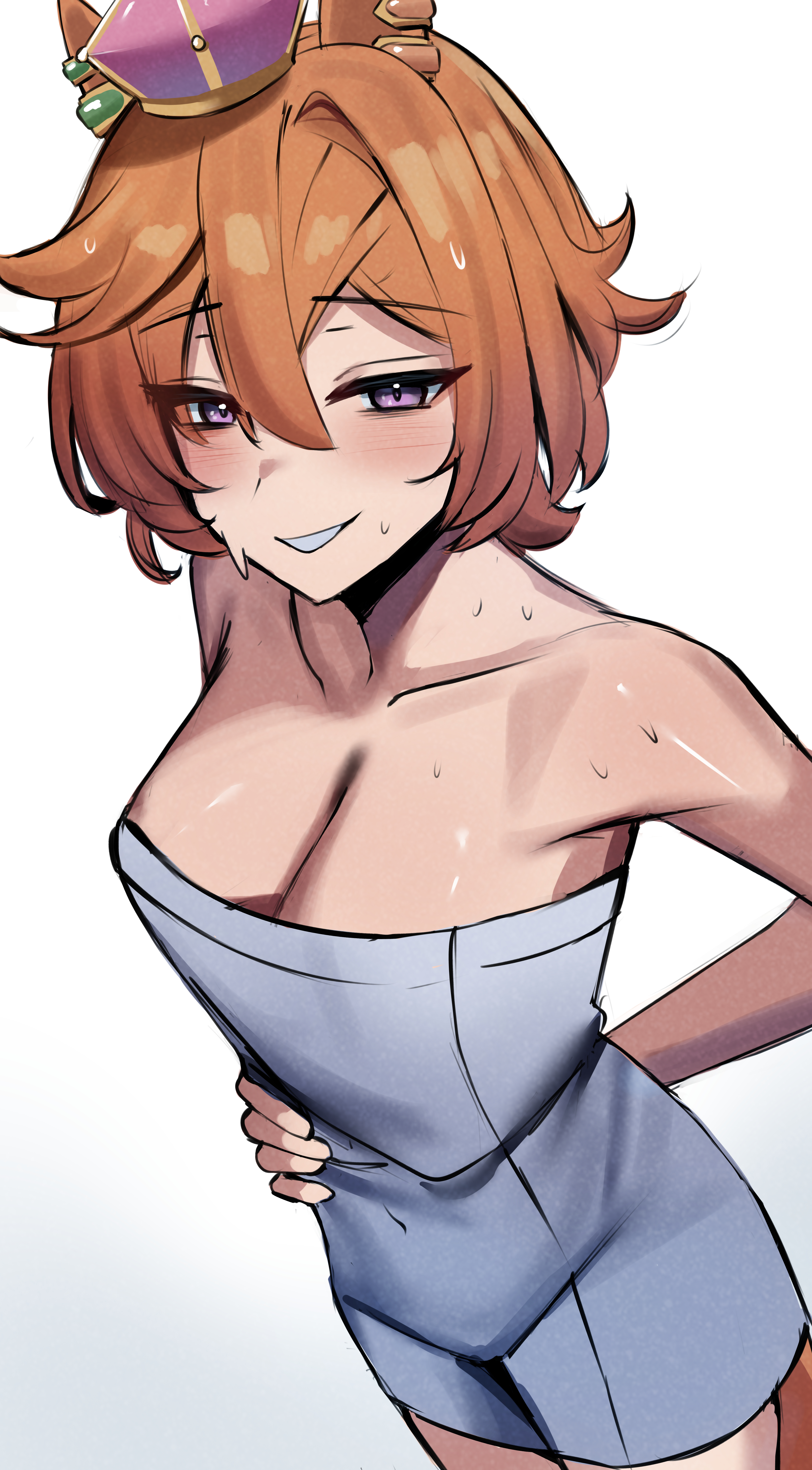 iog626, t.m. opera o (umamusume), umamusume, absurdres, highres, 1girl, animal ears, bare shoulders, blush, breasts, brown hair, cleavage, collarbone, covered navel, crown, ear ornament, ear piercing, hair between eyes, horse ears, horse girl, horse tail, looking at viewer, medium breasts, mini crown, naked towel, open mouth, orange hair, piercing, pink crown, purple eyes, short hair, skirt, smile, solo, sweat, tail, towel