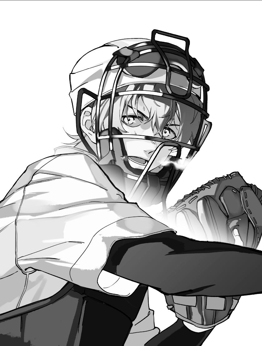 kaname kei, boukyaku battery, commentary request, 1boy, 999993nine, arm up, baseball glove, baseball jersey, catcher's mask, catcher (baseball), greyscale, hair between eyes, jersey, layered sleeves, long sleeves, looking to the side, lower teeth only, male focus, monochrome, open mouth, short over long sleeves, short sleeves, simple background, solo, teeth, upper body, white background