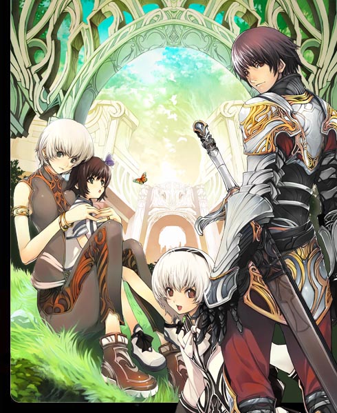yoshizumi kazuyuki, original, 2boys, 2girls, arch, armlet, armor, bare shoulders, belt, belt pouch, black hair, blue eyes, brown hair, fantasy, gauntlets, grass, jewelry, looking at viewer, multiple boys, multiple girls, outdoors, pants, plant, pocket, pouch, red eyes, sheath, sheathed, short hair, shoulder pads, simple background, standing, sword, vest, weapon, white hair, yoshizumi kazuaki