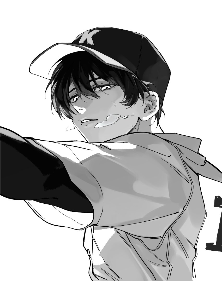 kiyomine haruka, boukyaku battery, commentary request, 1boy, 999993nine, baseball cap, baseball jersey, breath, double-parted bangs, hair between eyes, hat, jersey, layered sleeves, long sleeves, looking to the side, male focus, parted lips, short hair, short over long sleeves, short sleeves, solo, teeth, upper body