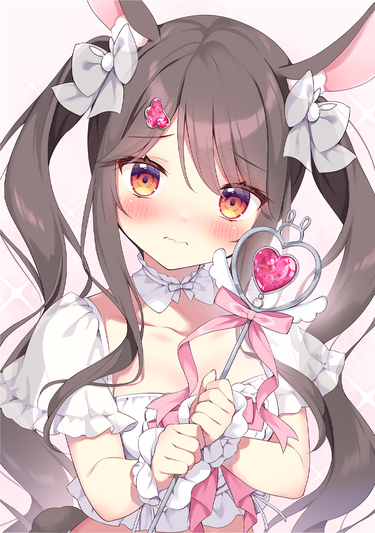 pan (mimi), original, commentary request, 1girl, animal ears, black hair, blush, boots, bow, breasts, closed mouth, collarbone, crop top, grey boots, hair bow, hair ornament, heart, holding, holding wand, long hair, looking at viewer, pink background, pink bow, puffy short sleeves, puffy sleeves, rabbit ears, rabbit girl, rabbit hair ornament, rabbit tail, red eyes, shirt, short sleeves, small breasts, solo, sparkle background, tail, twintails, upper body, very long hair, wand, wavy mouth, white shirt, wrist cuffs