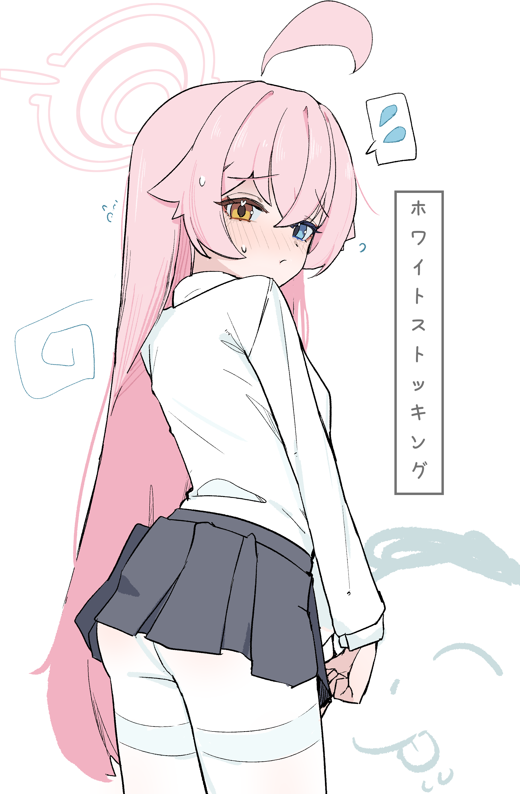high (hgih), doodle sensei (blue archive), hoshino (blue archive), sensei (blue archive), blue archive, absurdres, commentary, highres, translation request, 1boy, 1girl, ahoge, blue eyes, blush, closed mouth, cowboy shot, embarrassed, flying sweatdrops, from behind, grey skirt, hair between eyes, hair flaps, halo, heterochromia, licking lips, long hair, long sleeves, looking at viewer, own hands together, pantyhose, pink hair, pink halo, shirt, sidelocks, skirt, solo focus, spoken flying sweatdrops, sweat, thighband pantyhose, tongue, tongue out, v arms, very long hair, white pantyhose, white shirt, yellow eyes
