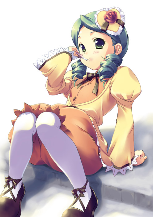 mifumi takafumi, kanaria, rozen maiden, 00s, 1girl, arm support, blush, drill hair, eyelashes, female focus, flower, green eyes, green hair, hair ornament, heart, knees together feet apart, long sleeves, looking at viewer, matching hair/eyes, mouth hold, neck ribbon, pantyhose, ribbon, rose, shoes, sitting, solo, white pantyhose