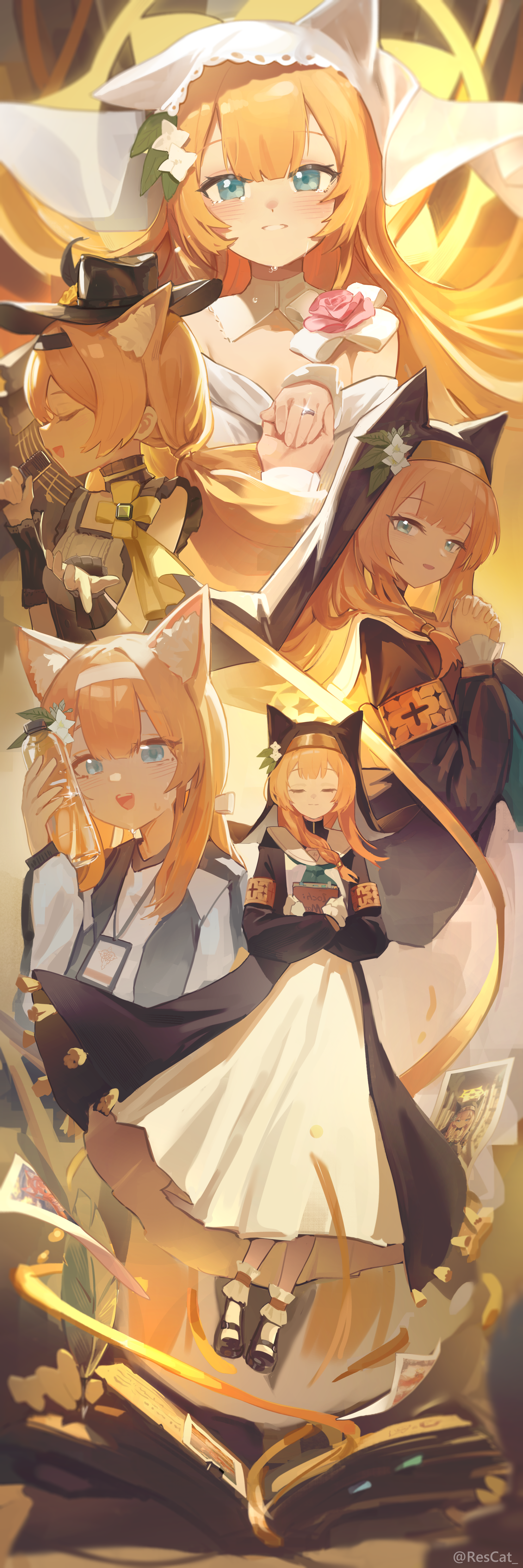 rescat, mari (blue archive), mari (idol) (blue archive), mari (track) (blue archive), blue archive, absurdres, highres, 1girl, alternate costume, animal ear fluff, animal ears, black dress, black hat, black jacket, black shoes, black veil, blue eyes, blue jacket, blue neckerchief, blush, book, bottle, bridal veil, cat ears, cat girl, closed eyes, closed mouth, detached collar, dress, flower, hair flower, hair ornament, hairband, hat, holding, holding book, holding bottle, holding hands, holding microphone, id card, jacket, jewelry, long hair, looking at viewer, microphone, neckerchief, nun, off-shoulder dress, off shoulder, official alternate costume, official alternate hairstyle, open mouth, orange hair, ribbon, ring, sailor collar, shirt, shoes, sidelocks, socks, veil, water bottle, wedding dress, wedding ring, white dress, white flower, white hairband, white sailor collar, white shirt, white sleeves, white socks, wrist cuffs, yellow flower, yellow ribbon