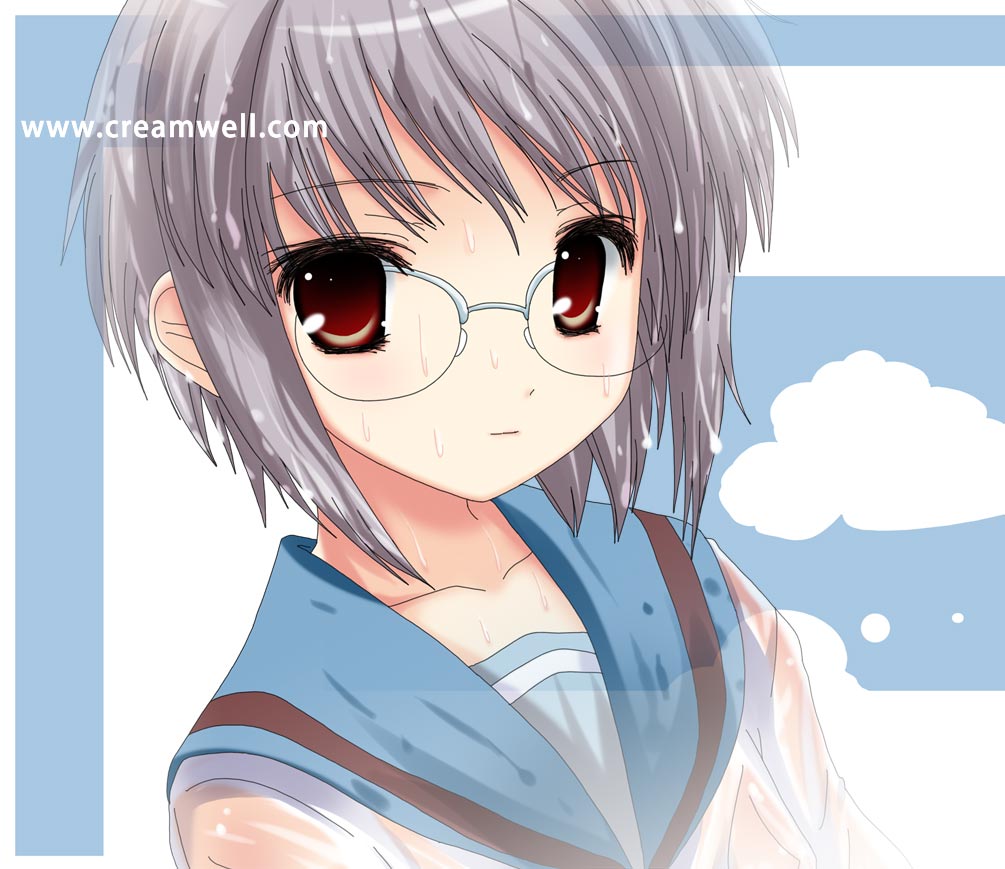 namamo nanase, nagato yuki, suzumiya haruhi no yuuutsu, eyebrows, 00s, 1girl, albino, alternate eye color, blush, closed mouth, female focus, glasses, over-rim eyewear, purple hair, red eyes, school uniform, see-through clothes, semi-rimless eyewear, serafuku, short hair, short sleeves, solo, upper body, watermark, web address, wet, wet clothes, wet hair, yellow eyes