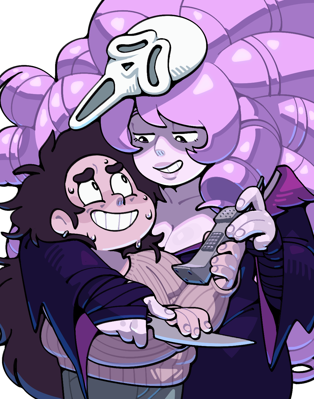 discount-supervillain, ghostface, greg universe, rose quartz universe, scream (movie), steven universe, highres, 1girl, breasts, cleavage, cosplay, ghostface (cosplay), halloween costume, height difference, long hair, mask, mask on head, pink hair, plump, rose quartz (species) (steven universe), size difference, smile, tall female, very long hair