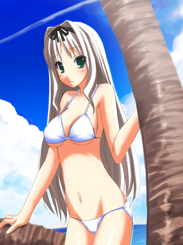 kaneru, kusugawa sasara, to heart (series), to heart 2, 00s, 1girl, armpits, bare shoulders, bikini, blonde hair, breasts, cleavage, collarbone, cowboy shot, day, female focus, hair intakes, horizon, long hair, looking at viewer, medium breasts, navel, ocean, outdoors, palm tree, solo, stomach, summer, swimsuit, tree, very long hair, water, white bikini