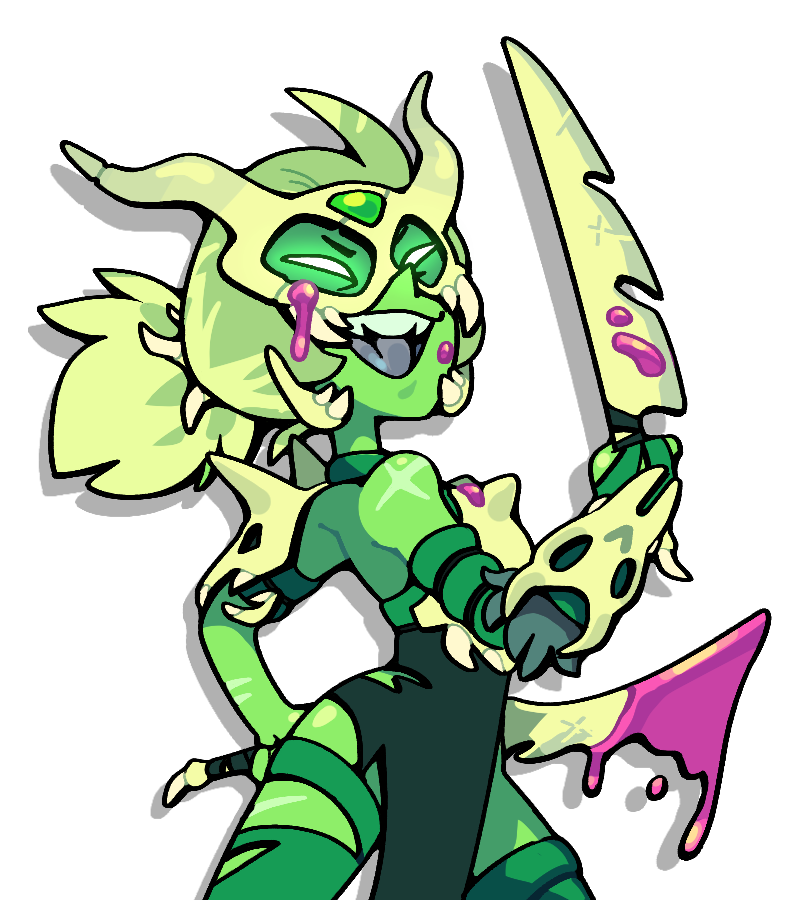 discount-supervillain, peridot (steven universe), steven universe, 1girl, alien, alternate costume, alternate eyewear, blonde hair, colored skin, forehead jewel, gem, gem (steven universe), glowing, glowing eyes, green skin, mask, open mouth, skull mask, smile, solo